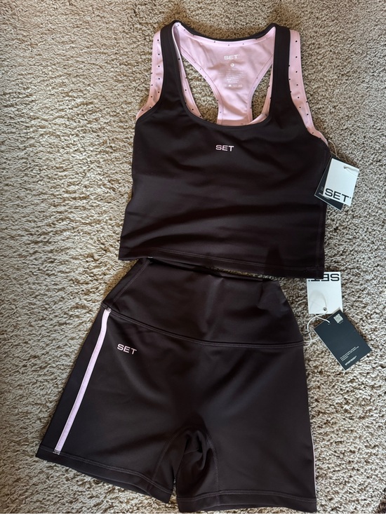 SET Active Other - SET Active Black and Light Pink Sports Bra and Bike Shorts Set
